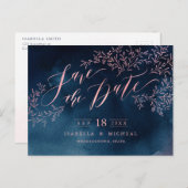 ネイビー赤面素朴なフローラ書の日付を保存 案内ポストカード (正面/裏面)