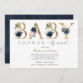 ネイビー赤面花と金ゴールド赤ちゃんシャワー（郵便） 招待状 (正面/裏面)