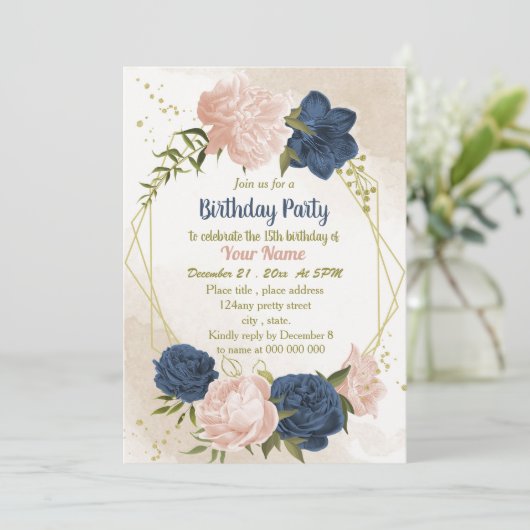 ネイビー赤面花グリーン離れバースデータ 招待状 (スタンド正面)