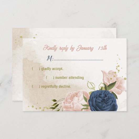 ネイビー赤面花葉緑 出欠カード (正面/裏面)