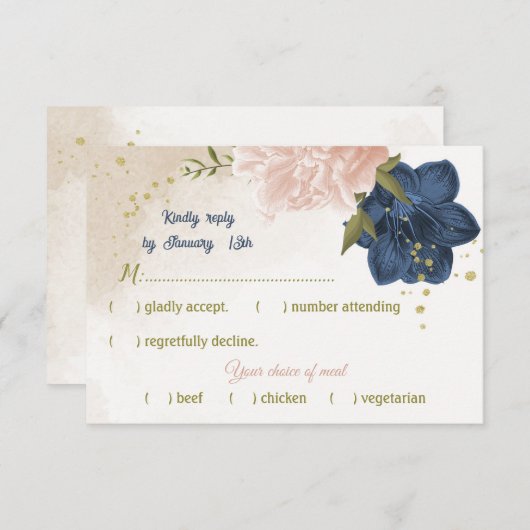 ネイビー赤面花葉緑 出欠カード (正面/裏面)