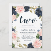 ネイビー赤面花2nd誕生日パーティー少年または女の子 招待状 (正面)