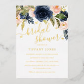 ネイビー赤面金ゴールドバタフライフローラブライダルシャワー 箔招待状 (正面)