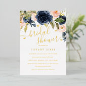 ネイビー赤面金ゴールドバタフライフローラブライダルシャワー 箔招待状 (立ち正面)