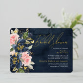 ネイビー赤面金ゴールドバタフライブライダルシャワー 箔招待状 (立ち正面)