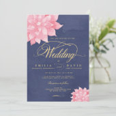 ネイビー赤面金ゴールドフローラダリア結婚式招待状 招待状 (スタンド正面)