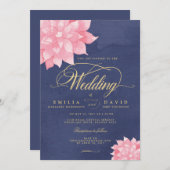 ネイビー赤面金ゴールドフローラダリア結婚式招待状 招待状 (正面/裏面)