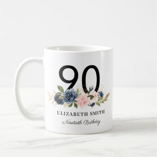 ネイビー赤面金ゴールドフローラパーソナライズされた90誕生日 コーヒーマグカップ