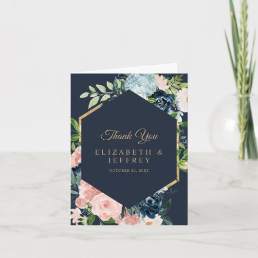 ネイビー赤面金ゴールドフローラ幾何学的サンキューカード 招待状 (正面)