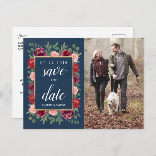 ネイビー赤面金ゴールドブルゴーニュ日付はがきを保存 案内ポストカード (正面/裏面)