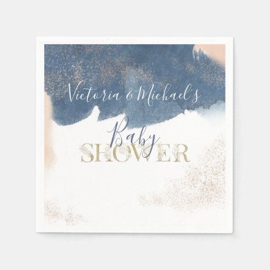 ネイビー赤面金ゴールドベビーリビールシャワー招待 スタンダードカクテルナプキン (正面)