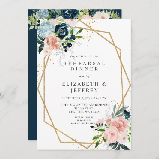 ネイビー赤面金ゴールド幾何学的フローラリハーサルディナー 招待状 (正面/裏面)