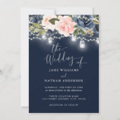 ネイビー赤面金ゴールド素朴フローラウッドウェディング招待 招待状 (正面)