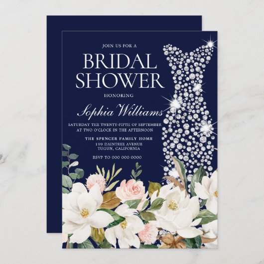 ネイビー赤面&ホワイト結婚ズドレスブライダルシャワー 招待状 (正面/裏面)