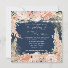 ネイビー赤面BOHOトゥインクルライトフローラパンパスグラス 招待状