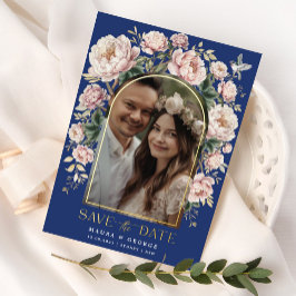 ネイビー赤面Chinoiserie花の写真Save the Date 箔招待状