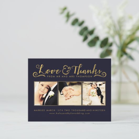 ネイビー金ゴールドありがとうスクリプトタイポグラフィ写真 ポストカード (スタンド正面)