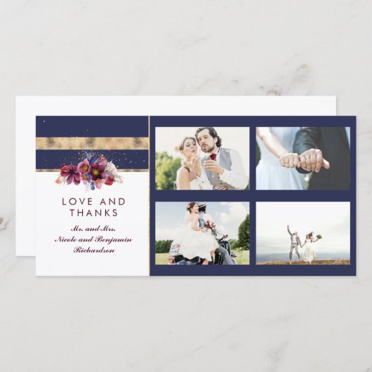 ネイビー金ゴールドとブルゴーニュフローラ結婚の感謝 サンキューカード (正面/裏面)
