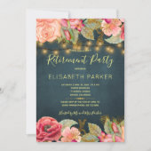 ネイビー金ゴールドはピンクのバラの退職パーティーを点灯 招待状 (正面)