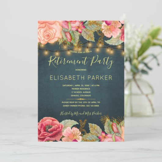 ネイビー金ゴールドはピンクのバラの退職パーティーを点灯 招待状 (スタンド正面)