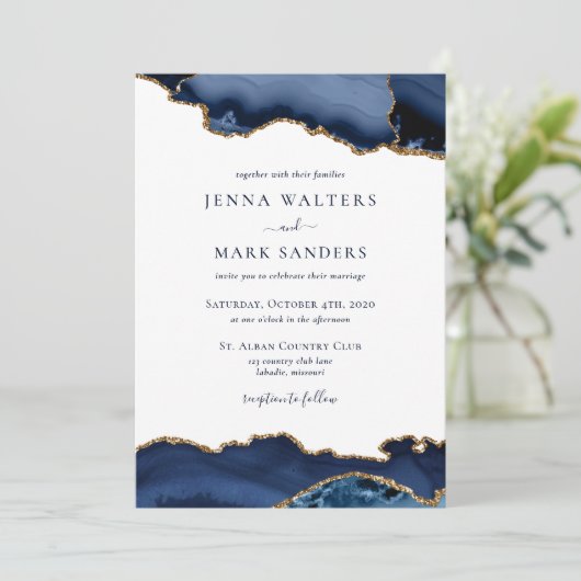 ネイビー金ゴールドアゲートゲードゲ結婚ムストーン 招待状 (スタンド正面)