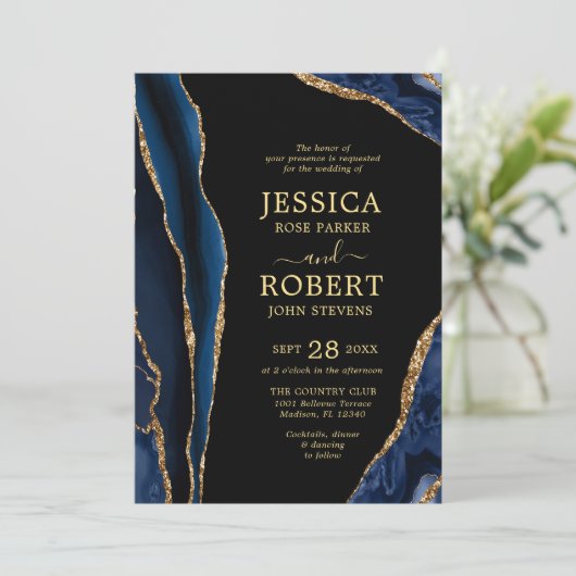 ネイビー金ゴールドアゲートストーン結婚式招待状 招待状 (スタンド正面)