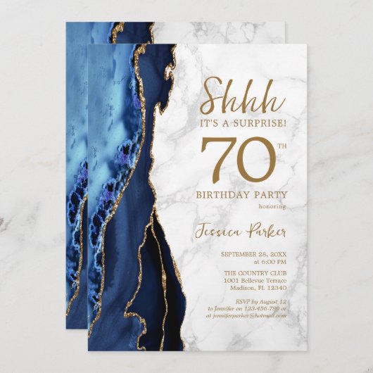 ネイビー金ゴールドアゲートマーブルサプライズ70誕生日 招待状 (正面/裏面)