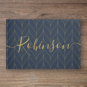 ネイビー金ゴールドアールデコパーソナライズされたリーフファミリ名 ドアマット