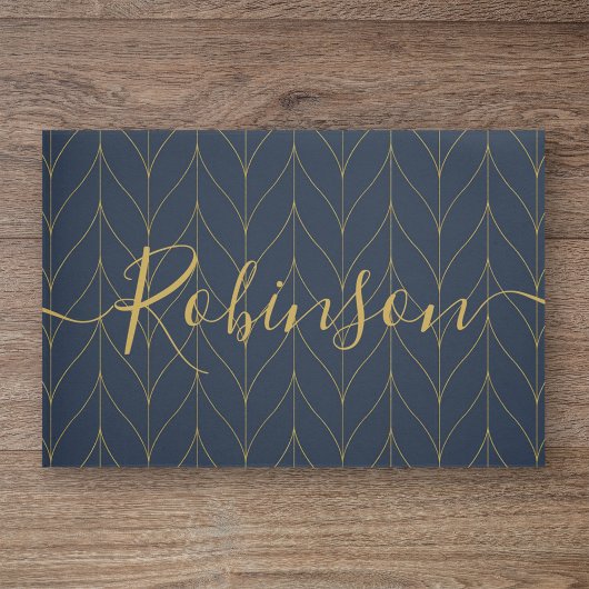 ネイビー金ゴールドアールデコパーソナライズされたリーフファミリ名 ドアマット