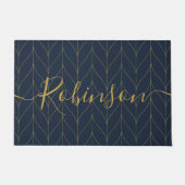 ネイビー金ゴールドアールデコパーソナライズされたリーフファミリ名 ドアマット (正面)
