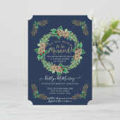 ネイビー金ゴールドウォーターカラーホリーリースブライダルシャワー 招待状 (スタンド正面)