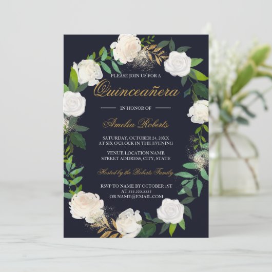 ネイビー金ゴールドウォーターカラーリースキンセアニェラ招待状 招待状 (スタンド正面)