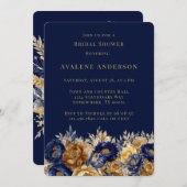 ネイビー金ゴールドウォーターカラー牡丹ブライダルシャワー 招待状 (正面/裏面)