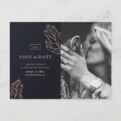 ネイビー金ゴールドエレガントな結婚式。青い日付を保存 ポストカード (正面)