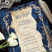 ネイビー金ゴールドエレガントバロック結婚ラグジュアリーズ 出欠カード