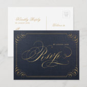 ネイビー金ゴールドエレガント書道ヴィンテージ結婚式RSVP インビテーションポストカード (正面/裏面)