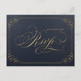 ネイビー金ゴールドエレガント書道ヴィンテージ結婚式RSVP インビテーションポストカード