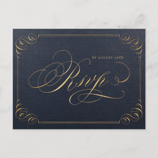ネイビー金ゴールドエレガント書道ヴィンテージ結婚式RSVP インビテーションポストカード (正面)