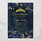 ネイビー金ゴールドエンチャントフローラバタフライキンセアニェラ 箔招待状 (正面)