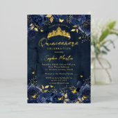 ネイビー金ゴールドエンチャントフローラバタフライキンセアニェラ 箔招待状 (立ち正面)