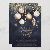 ネイビー金ゴールドオーナメントバウブルクリスマスパーティー 招待状 (正面/裏面)