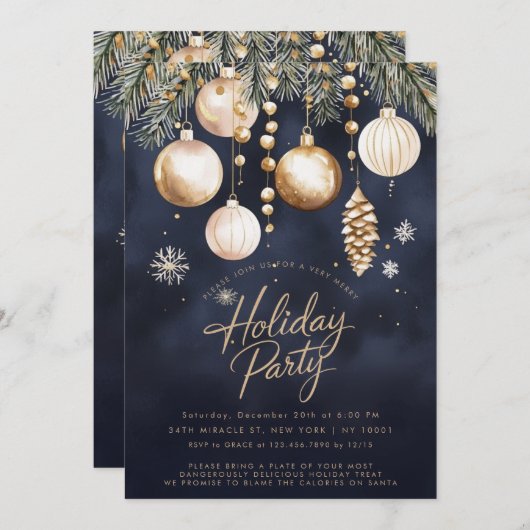 ネイビー金ゴールドオーナメントバウブルクリスマスパーティー 招待状 (正面/裏面)