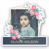 ネイビー金ゴールドオーバーレイピンク赤面フローラリース写真 シール (正面)