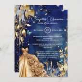 ネイビー金ゴールドキンセアニラ蝶の球形花 招待状 (正面/裏面)