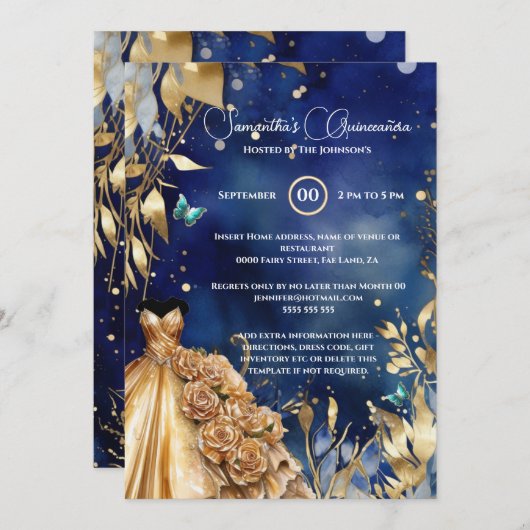 ネイビー金ゴールドキンセアニラ蝶の球形花 招待状 (正面/裏面)