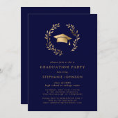 ネイビー金ゴールドグラードキャップリースシック卒業パーティー 招待状 (正面/裏面)
