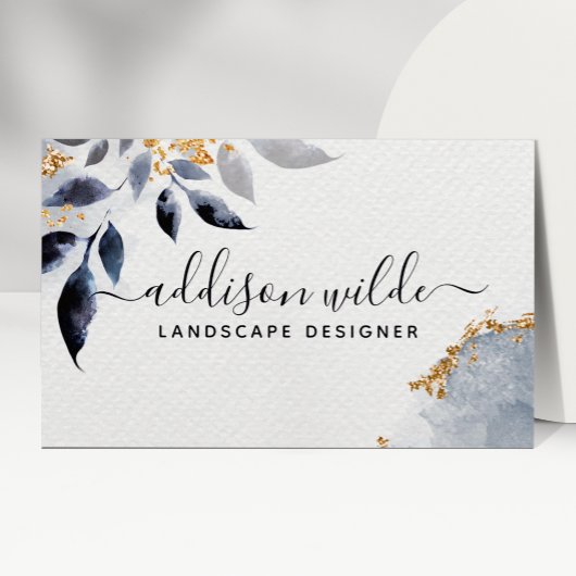 ネイビー金ゴールドグリッターボ離れタニカルモダンリーフ 名刺
