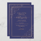 ネイビー金ゴールドグリッター紙吹雪コーナー誕生日 招待状 (正面/裏面)