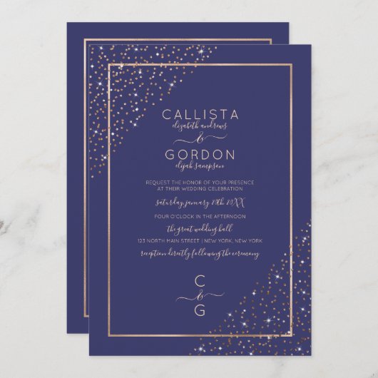 ネイビー金ゴールドグリッター縁ど紙吹雪コーナ結婚ーズ 招待状 (正面/裏面)