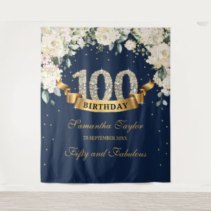 ネイビー金ゴールドグリーンフローラ100th誕生日の背景 タペストリー